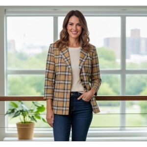 Pure Amici Blazer NWT Brown Checkered Button Front Jacket Womens Size XS